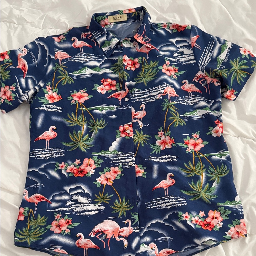 Navy Flamingo Print Women's Button Down Shirt
